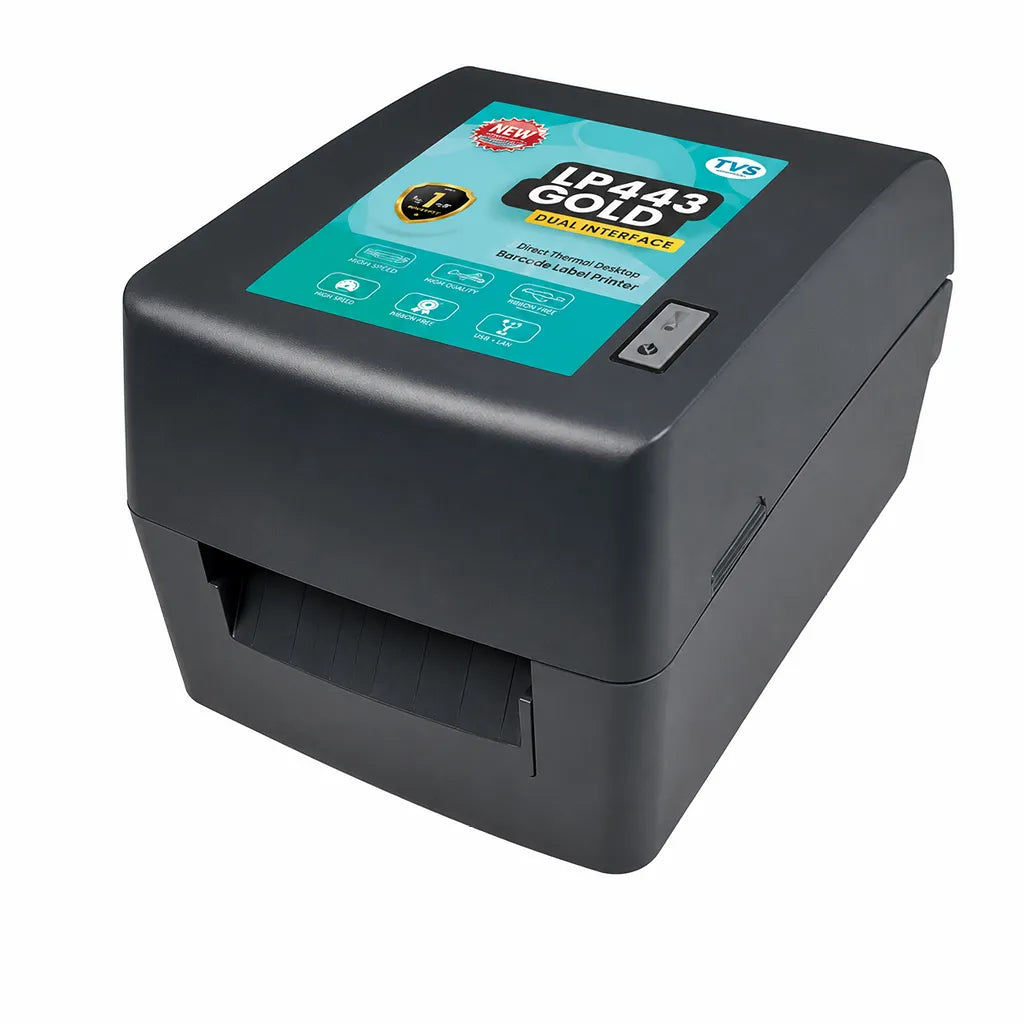 TVS LP 443 Gold 300 DPI thermal transfer barcode label printer front left angle view with USB and Serial connectivity