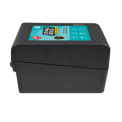 Left side view of TVS LP 443 Gold desktop thermal barcode label printer with compact black housing