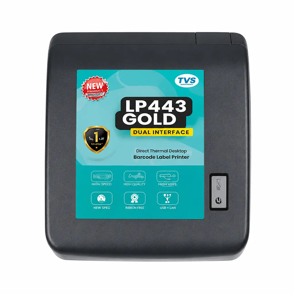 Top view of TVS LP 443 Gold desktop barcode label printer with dual interface thermal printing