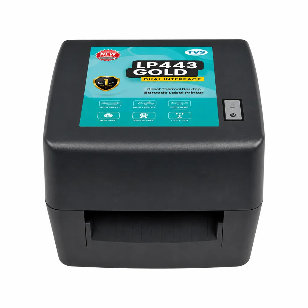 Front view of TVS LP 443 Gold 300 DPI barcode label printer for shipping and barcode label printing