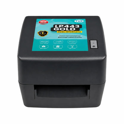 Front view of TVS LP 443 Gold 300 DPI barcode label printer for shipping and barcode label printing