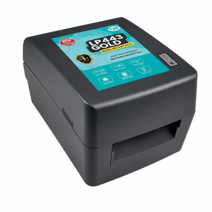 TVS LP 443 Gold thermal barcode label printer front right angle showing compact desktop design