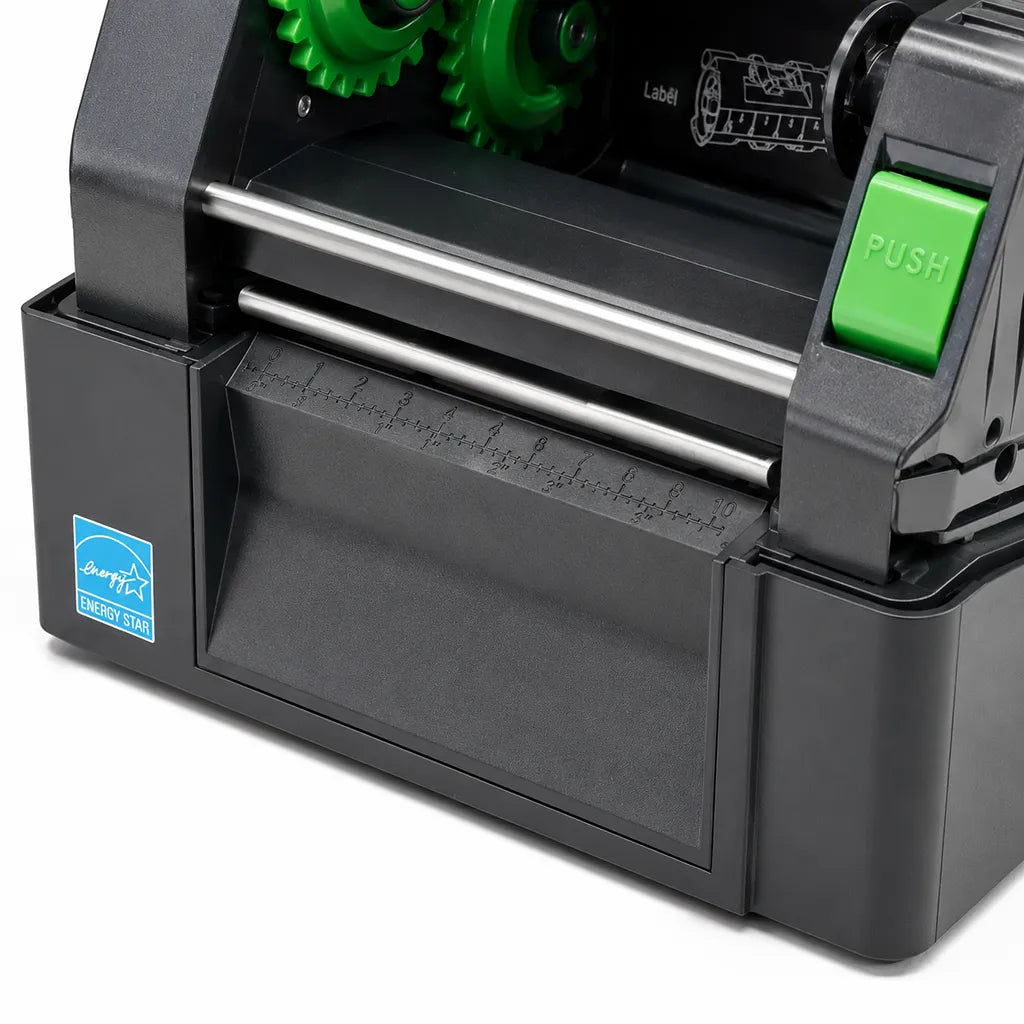 Close-up of the TVS LP 46 Lite thermal label printer media guide and label loading area.
