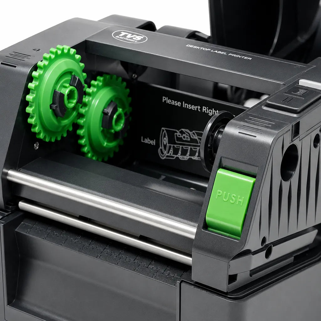TVS Electronics LP 46 Lite thermal label printer with open ribbon compartment and media loading mechanism.