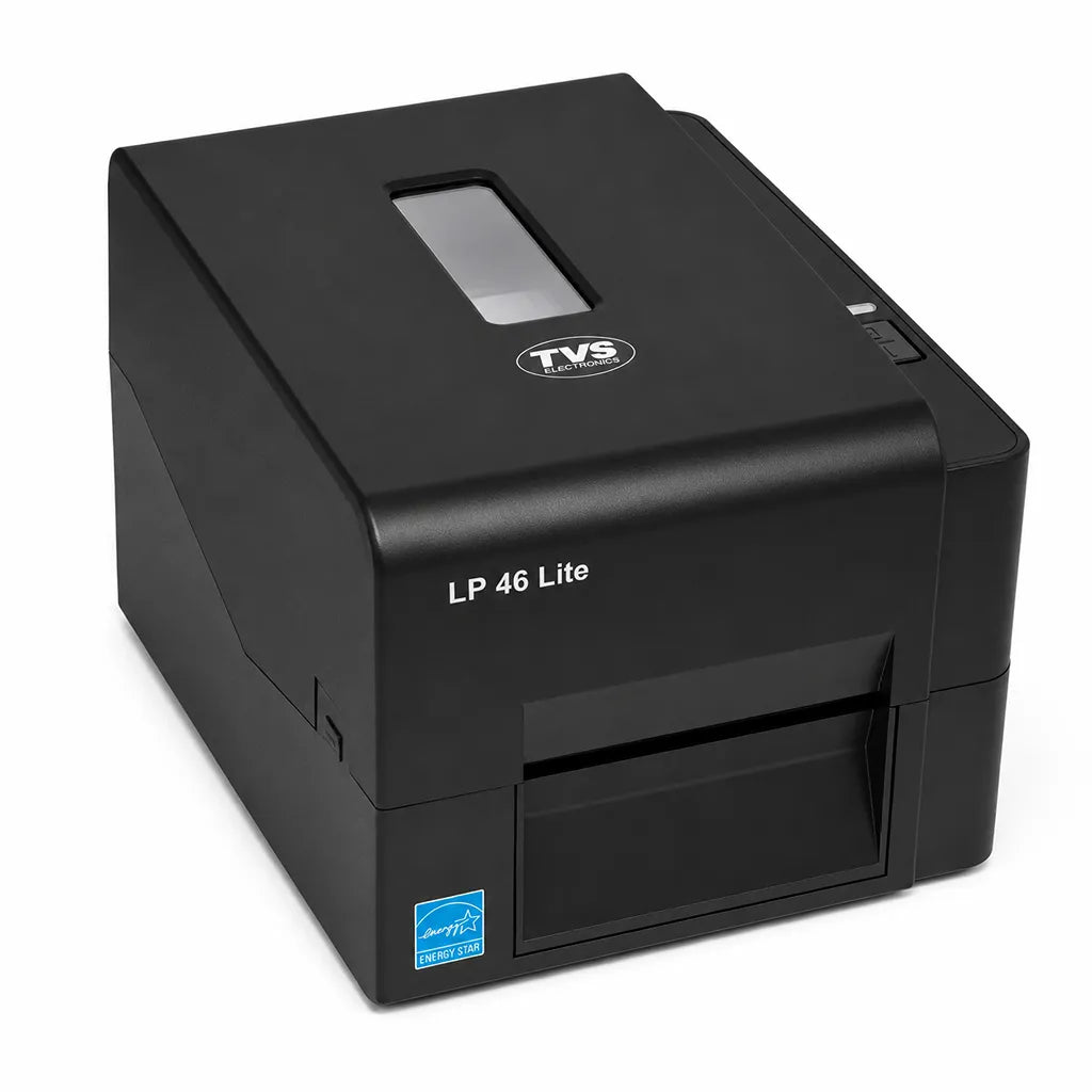 Top front angled view of the TVS Electronics LP 46 Lite USB thermal label printer for barcode and shipping labels.
