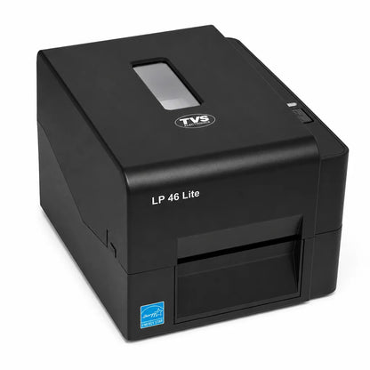 Top front angled view of the TVS Electronics LP 46 Lite USB thermal label printer for barcode and shipping labels.
