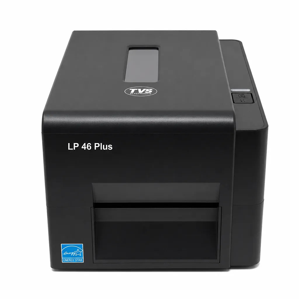 Front view of TVS Electronics LP 46 Plus desktop thermal label printer for barcode and shipping label printing.