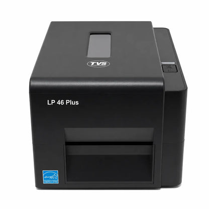 Front view of TVS Electronics LP 46 Plus desktop thermal label printer for barcode and shipping label printing.