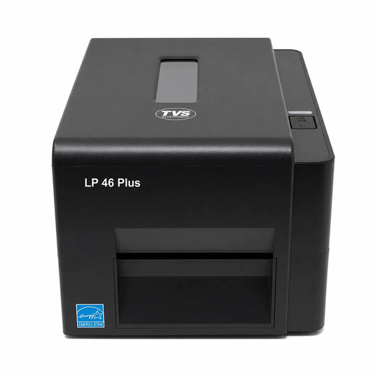 Front view of TVS Electronics LP 46 Plus desktop thermal label printer for barcode and shipping label printing.