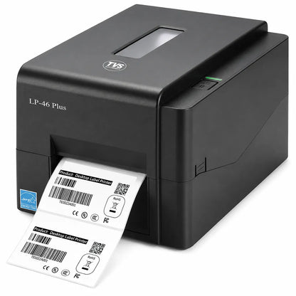 Angled front view of TVS Electronics LP 46 Plus thermal label printer printing barcode labels for retail and logistics applications.