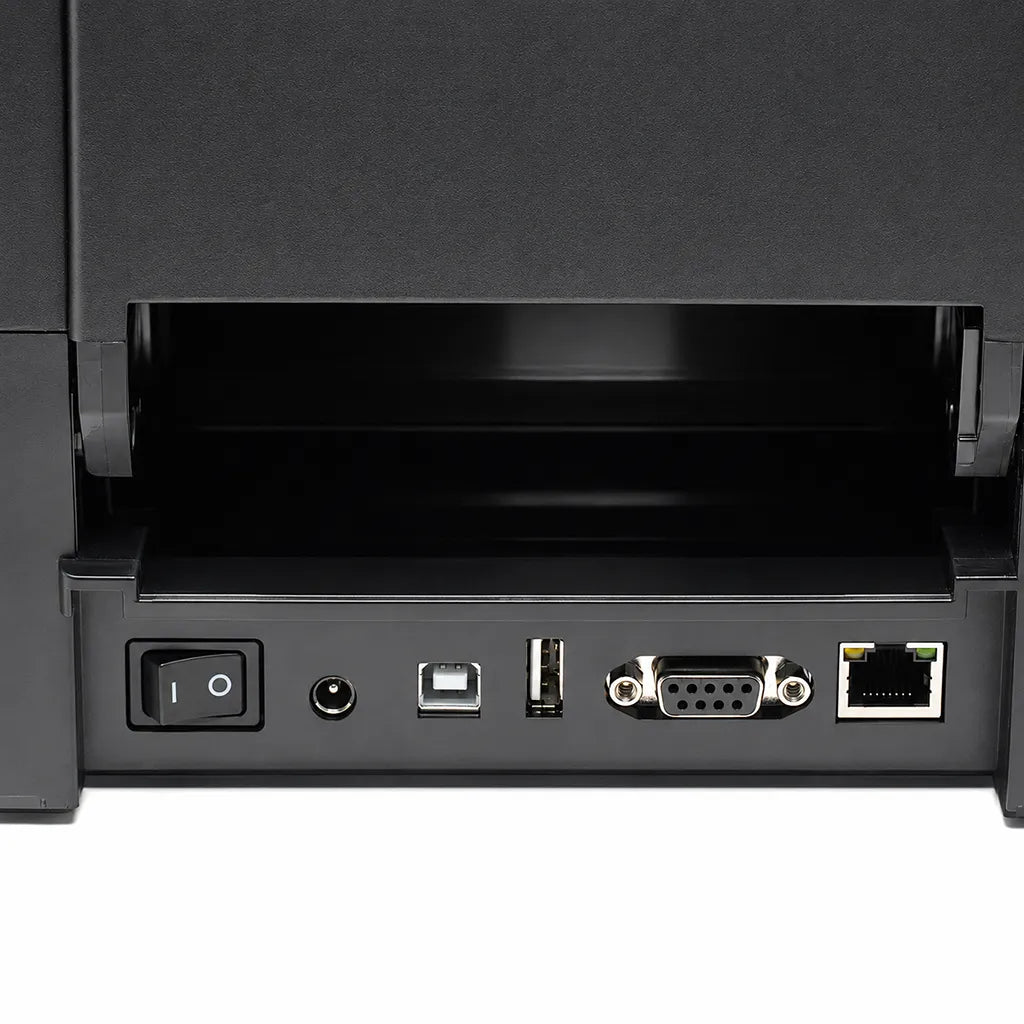 Rear view of TVS Electronics LP 46 Plus thermal label printer showing USB, Serial, Ethernet and power connectivity ports.