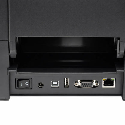 Rear view of TVS Electronics LP 46 Plus thermal label printer showing USB, Serial, Ethernet and power connectivity ports.