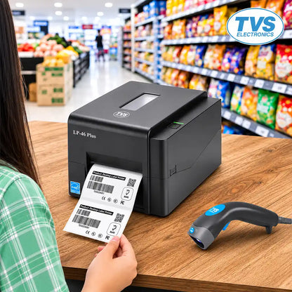 TVS Electronics LP 46 Plus thermal label printer printing barcode labels in a retail store environment with barcode scanner.