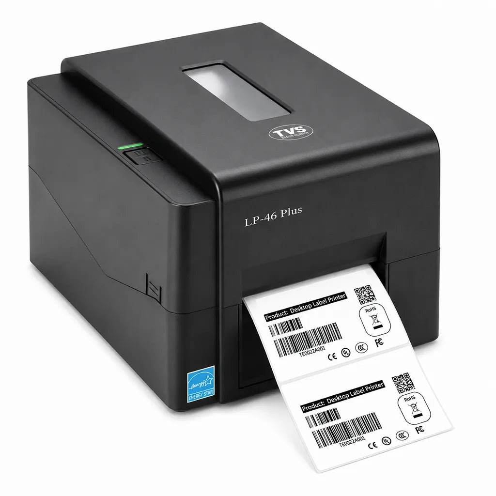 Right angled view of TVS Electronics LP 46 Plus desktop thermal label printer with printed barcode labels.