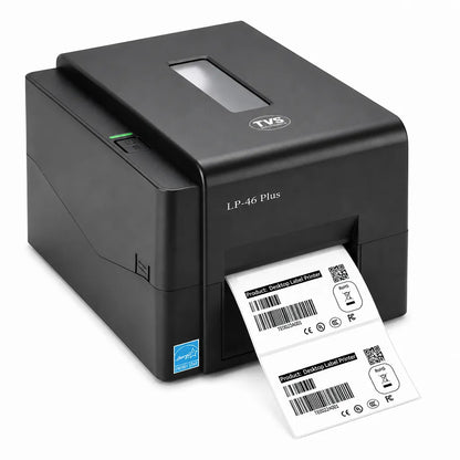 Right angled view of TVS Electronics LP 46 Plus desktop thermal label printer with printed barcode labels.