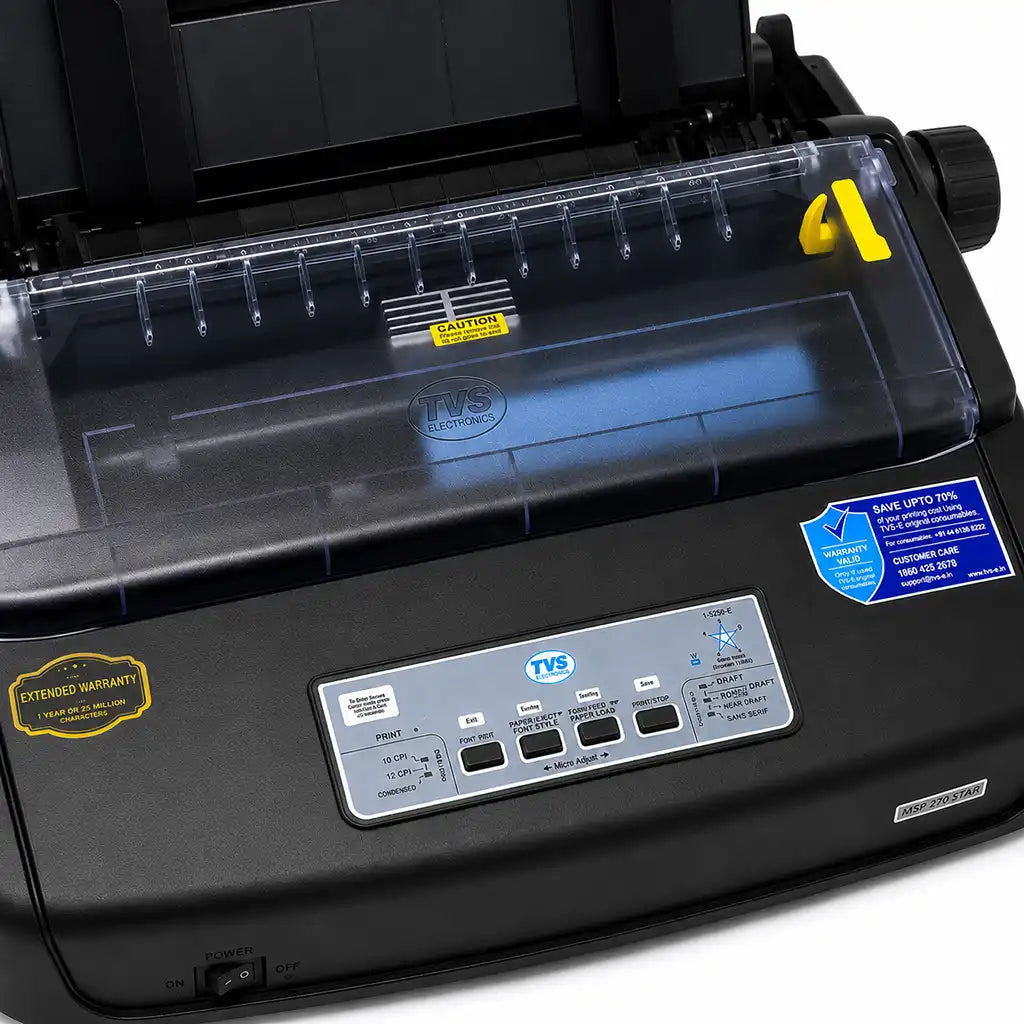 Close-up of the TVS MSP 270 Classic Plus Dot Matrix Printer control panel and paper feed cover for business printing | tpstech.in
