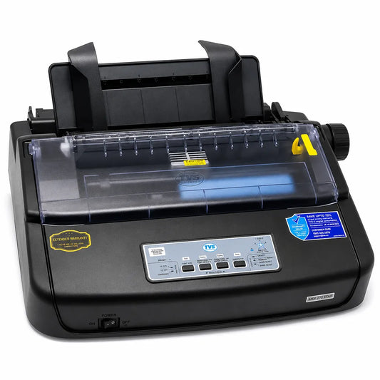 TVS MSP 270 Classic Plus Dot Matrix Printer front left angle showing durable design and 80-column printing capability | tpstech.in
