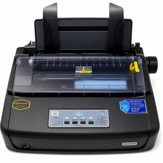 TVS MSP 270 Classic Plus 80 Column Dot Matrix Printer front view with 9-pin print head and USB connectivity for invoice and receipt printing