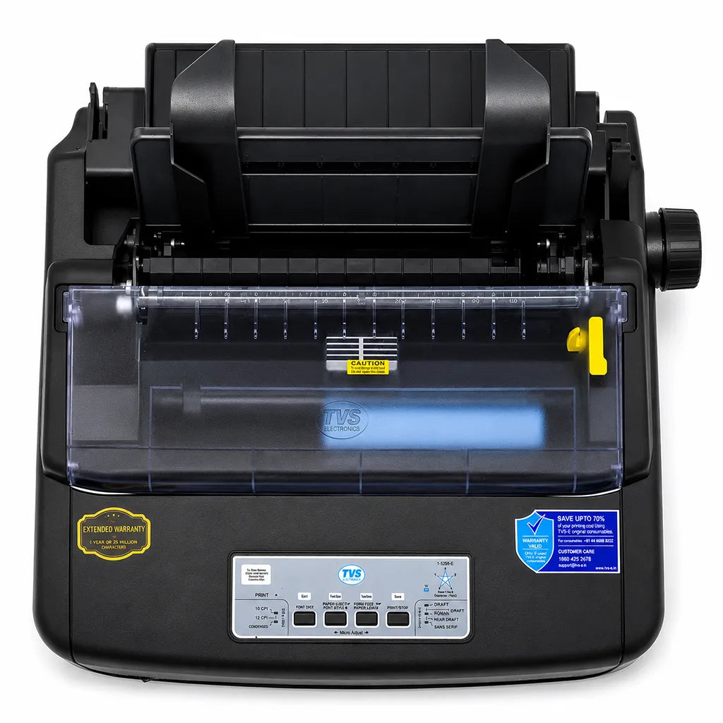 TVS MSP 270 Classic Plus Dot Matrix Printer top view highlighting paper feeder, control panel and print mechanism | tpstech.in