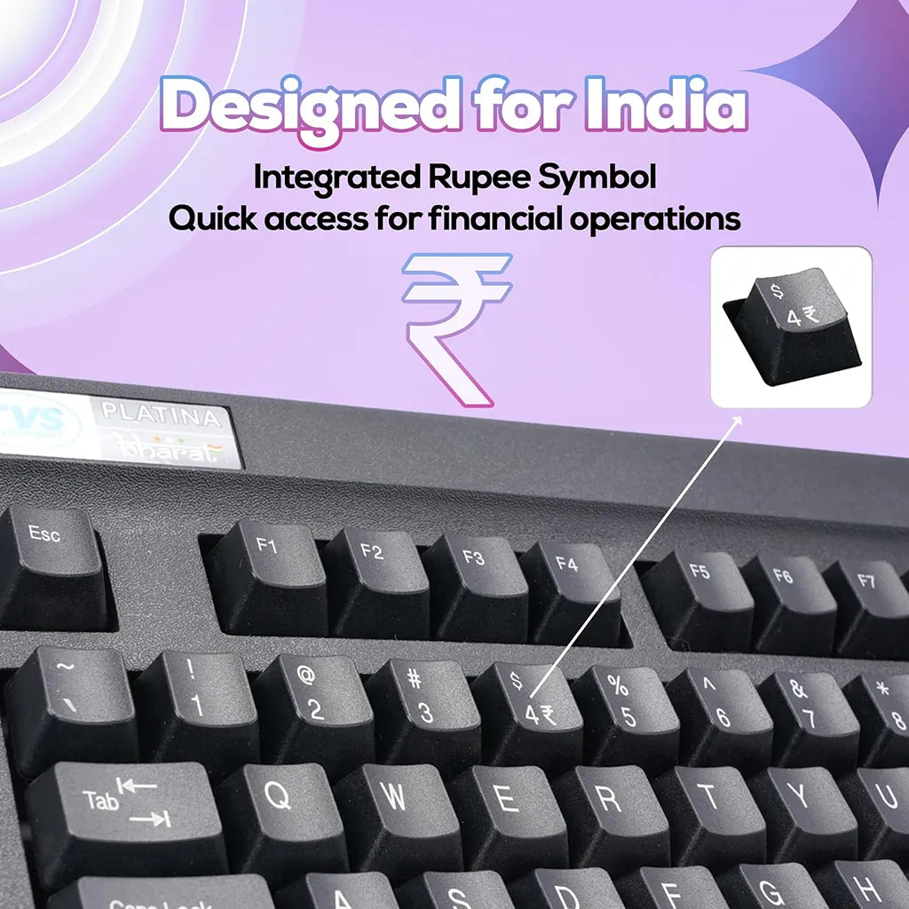 TVS Platina wireless mechanical keyboard with integrated Rupee symbol key for quick financial data entry.
