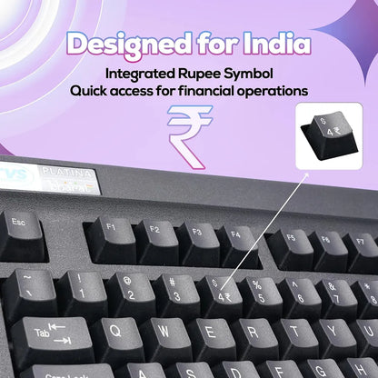 TVS Platina wireless mechanical keyboard with integrated Rupee symbol key for quick financial data entry.