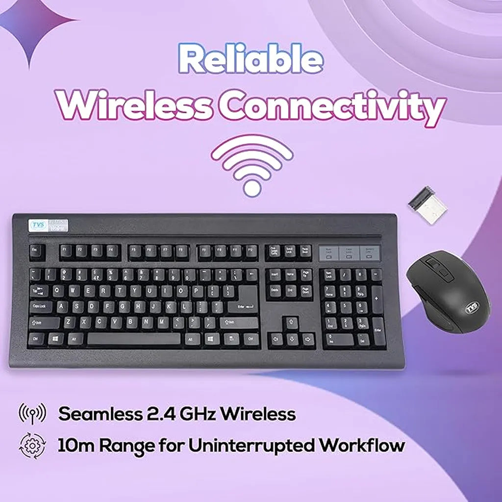 TVS Platina wireless mechanical keyboard and mouse combo with 2.4GHz nano receiver and up to 10-meter wireless range.