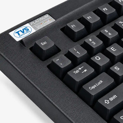 Close-up view of the TVS Platina wireless mechanical keyboard showing durable tactile keycaps and premium build quality.