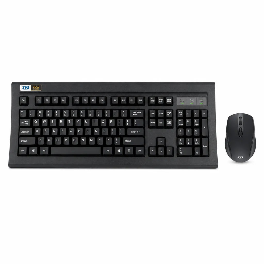 Front view of the TVS Platina wireless mechanical keyboard and wireless mouse combo with full-size layout and optical mouse.