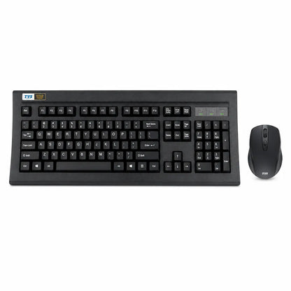 Front view of the TVS Platina wireless mechanical keyboard and wireless mouse combo with full-size layout and optical mouse.