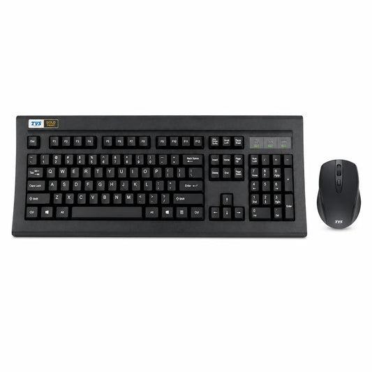Front view of the TVS Platina wireless mechanical keyboard and wireless mouse combo with full-size layout and optical mouse.