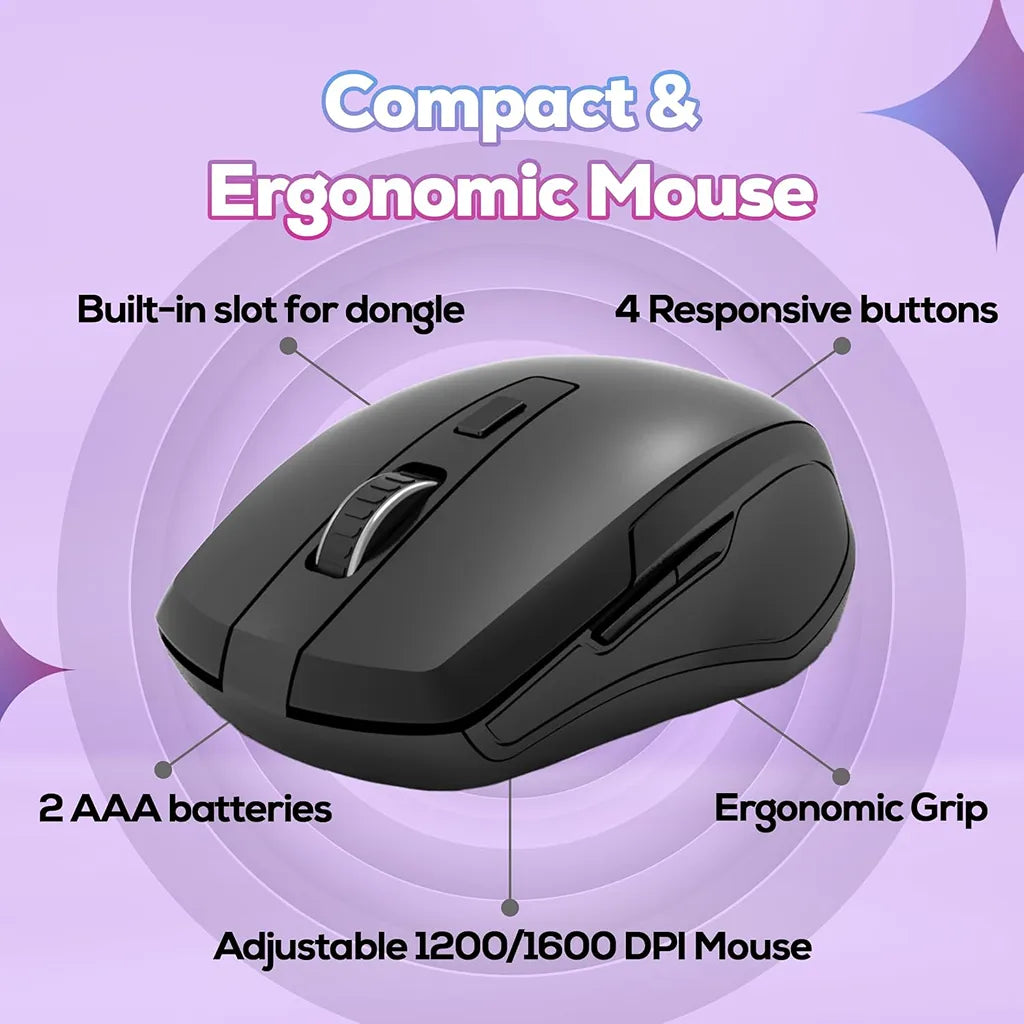 TVS Platina wireless ergonomic mouse with 4 responsive buttons, adjustable DPI, built-in dongle storage and 2.4GHz wireless connectivity.