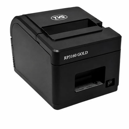 TVS Electronics RP 3160 Gold 80mm thermal receipt printer front left angled view with compact design for POS billing and retail applications -tpstech.in