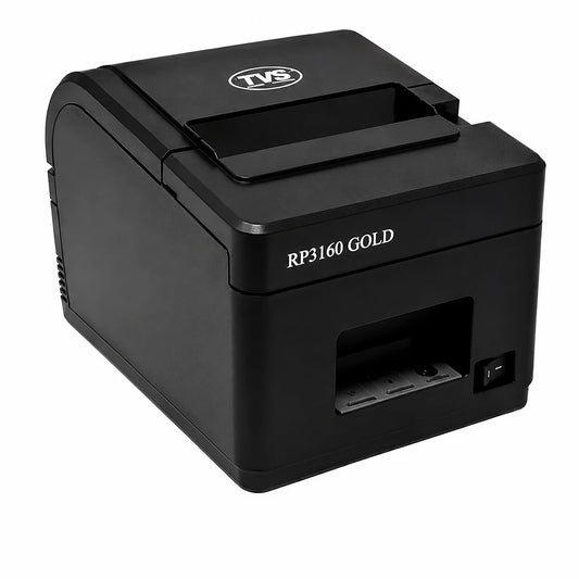 TVS Electronics RP 3160 Gold 80mm thermal receipt printer front left angled view with compact design for POS billing and retail applications -tpstech.in