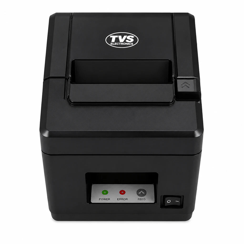 TVS Electronics RP 3160 Gold 80mm thermal receipt printer front view showing paper outlet, LED indicators and power switch for POS billing -tpstech.in