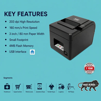 TVS Electronics RP 3160 Gold thermal receipt printer key features including 203 DPI resolution, 160 mm per second print speed, 80mm paper support and USB interface -tpstech.in
