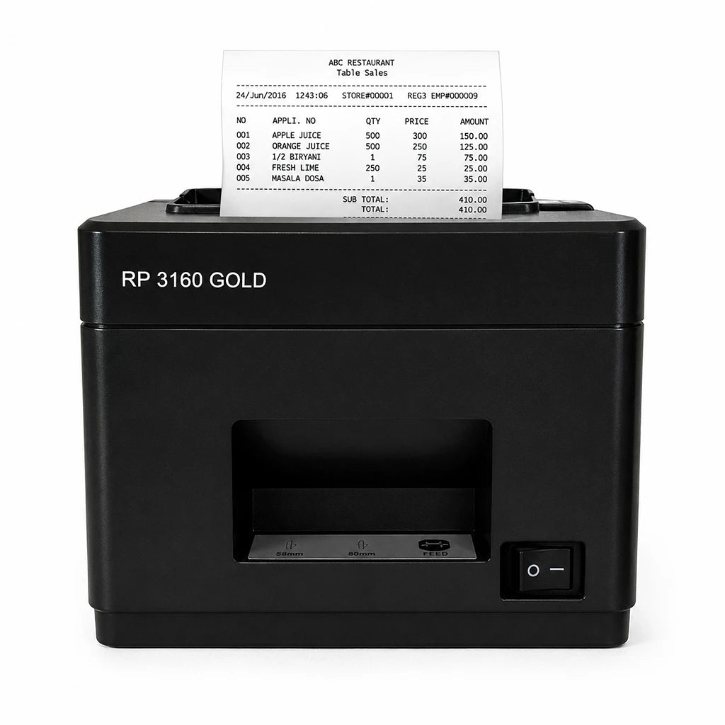 TVS Electronics RP 3160 Gold thermal receipt printer printing a sample receipt with 160 mm per second print speed and 203 DPI resolution -tpstech.in