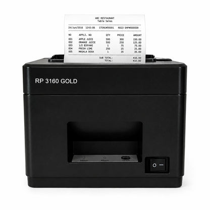 TVS Electronics RP 3160 Gold thermal receipt printer printing a sample receipt with 160 mm per second print speed and 203 DPI resolution -tpstech.in