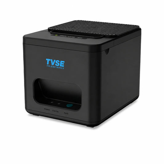 TVS Electronics RP 3200 Lite thermal receipt printer angled front view with compact POS design and receipt output slot -tpstech.in
