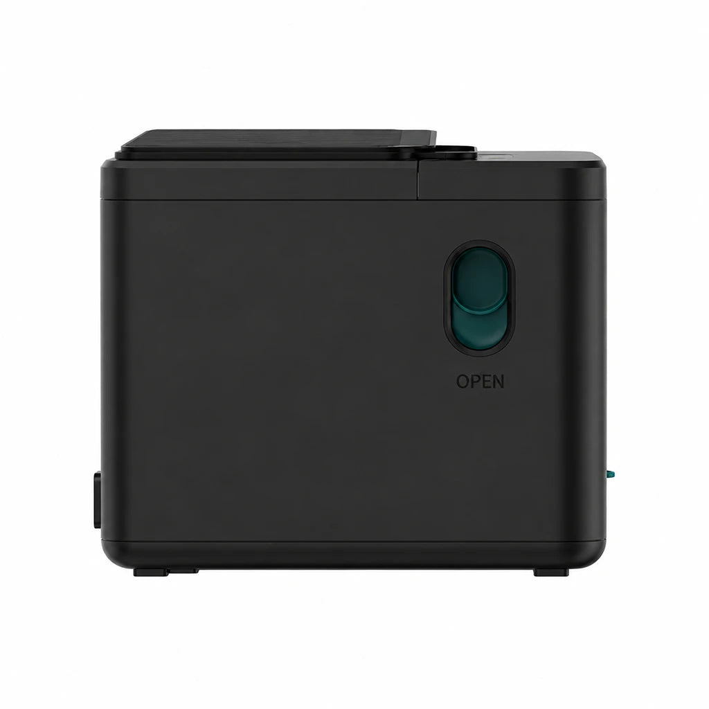 TVS Electronics RP 3200 Lite thermal receipt printer left side view showing paper cover open button for easy media loading -tpstech.in
