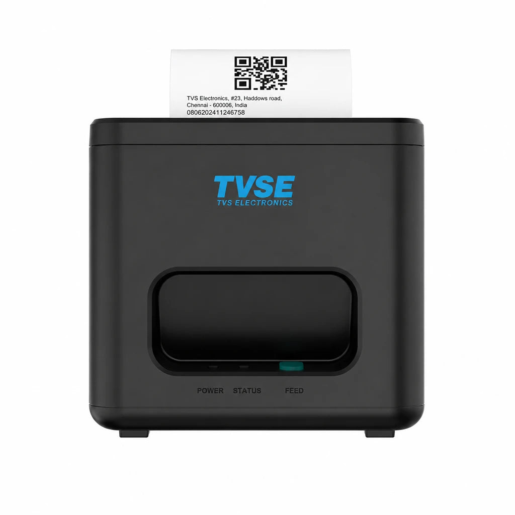 TVS Electronics RP 3200 Lite thermal receipt printer printing a QR code receipt for retail POS billing -tpstech.in