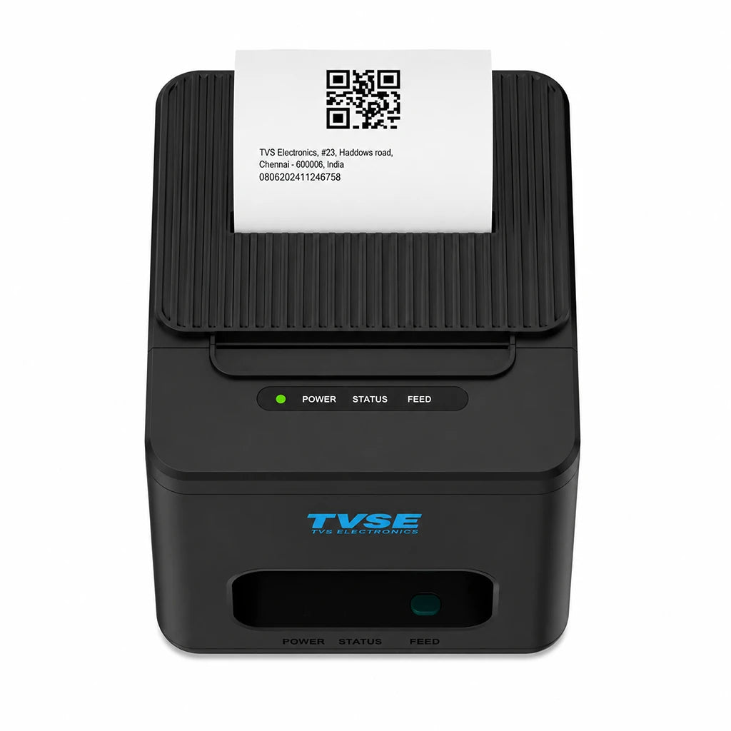 TVS Electronics RP 3200 Lite thermal receipt printer top paper output view with printed receipt and status indicators -tpstech.in
