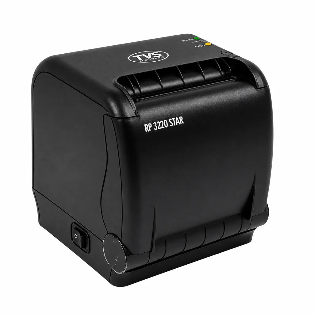 Front left angle view of TVS Electronics RP 3220 Star thermal receipt printer with compact design and easy access paper loading -tpstech.in