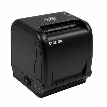 Front left angle view of TVS Electronics RP 3220 Star thermal receipt printer with compact design and easy access paper loading -tpstech.in