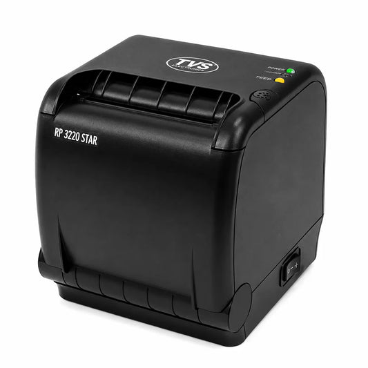 Front right angle view of TVS Electronics RP 3220 Star 3 Inch thermal receipt printer with USB and Serial connectivity for retail POS systems -tpstech.in
