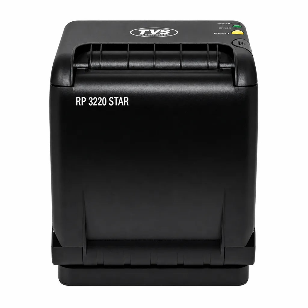 Front view of TVS Electronics RP 3220 Star 3 Inch thermal receipt printer with compact desktop design for POS billing applications -tpstech.in