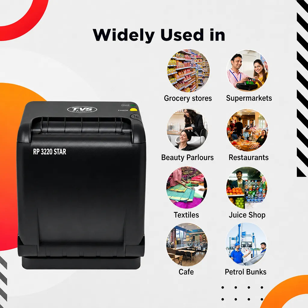 TVS Electronics RP 3220 Star thermal receipt printer suitable for grocery stores, supermarkets, restaurants, cafes, textile shops, beauty parlours and petrol bunks -tpstech.in