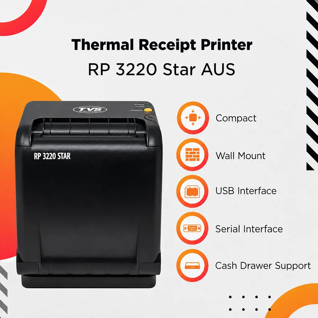 TVS Electronics RP 3220 Star 3 Inch thermal receipt printer featuring USB interface, Serial interface, wall mount support and cash drawer connectivity -tpstech.in