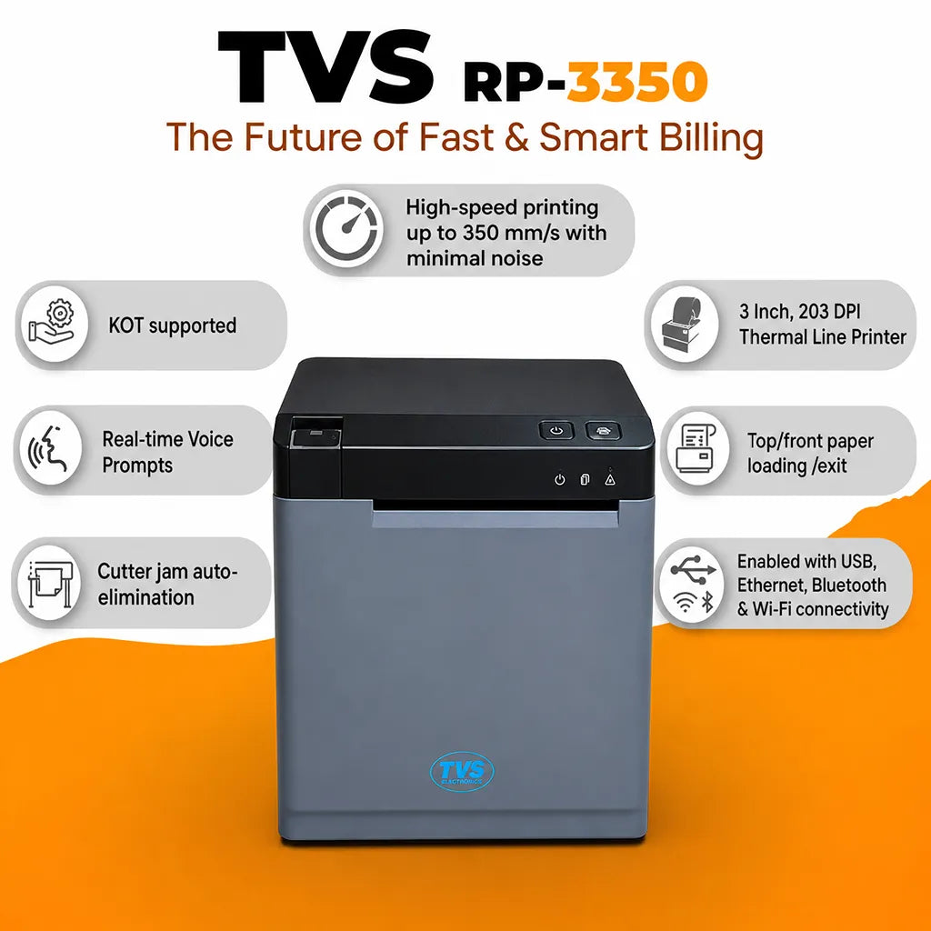 TVS Electronics RP 3350 thermal receipt printer features including 350 mm/s printing, voice prompts, cutter jam elimination and 3-inch thermal printing -tpstech.in