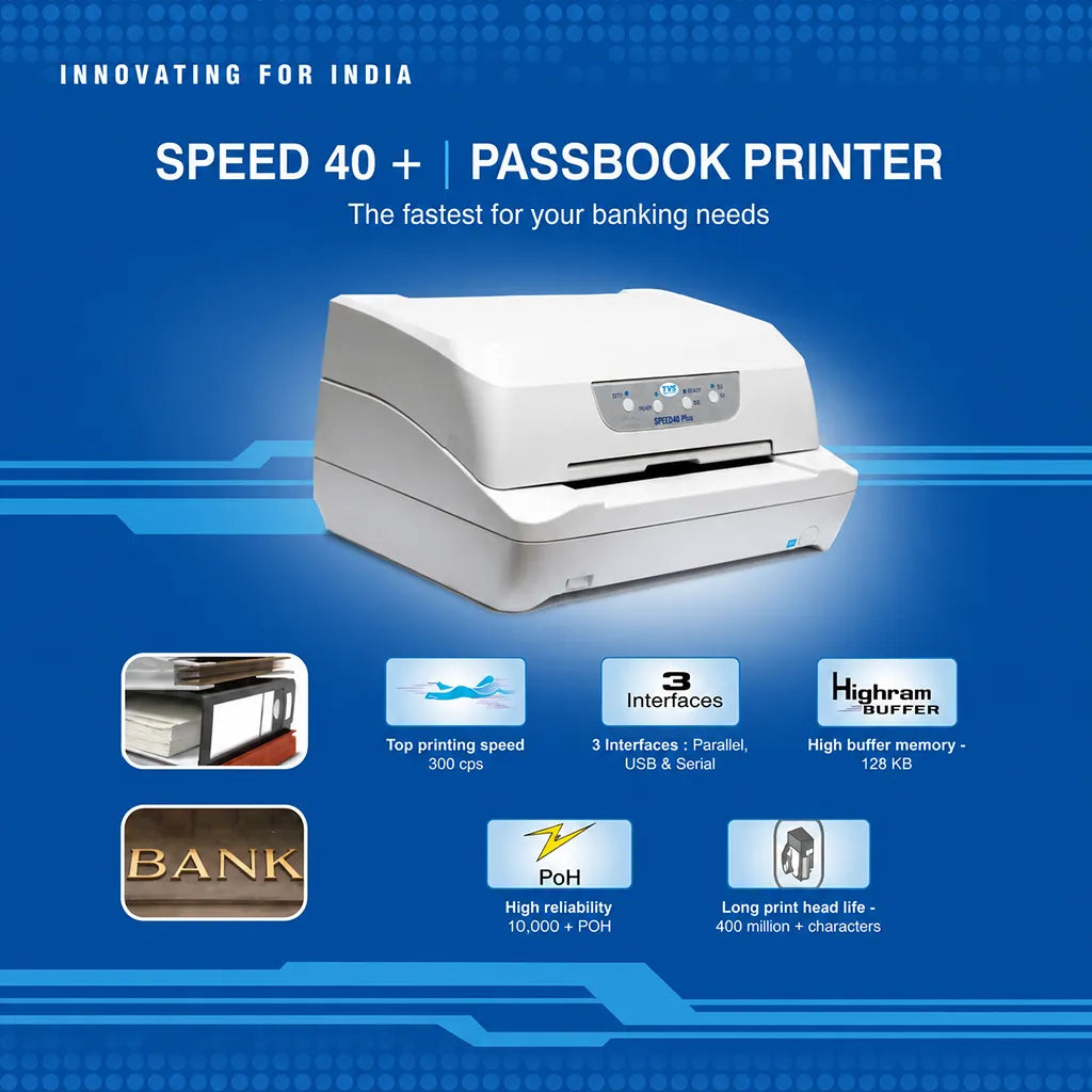 TVS Electronics Speed 40 Plus K Passbook Printer SBI highlighting print speed, interfaces and long print head life -tpstech.in