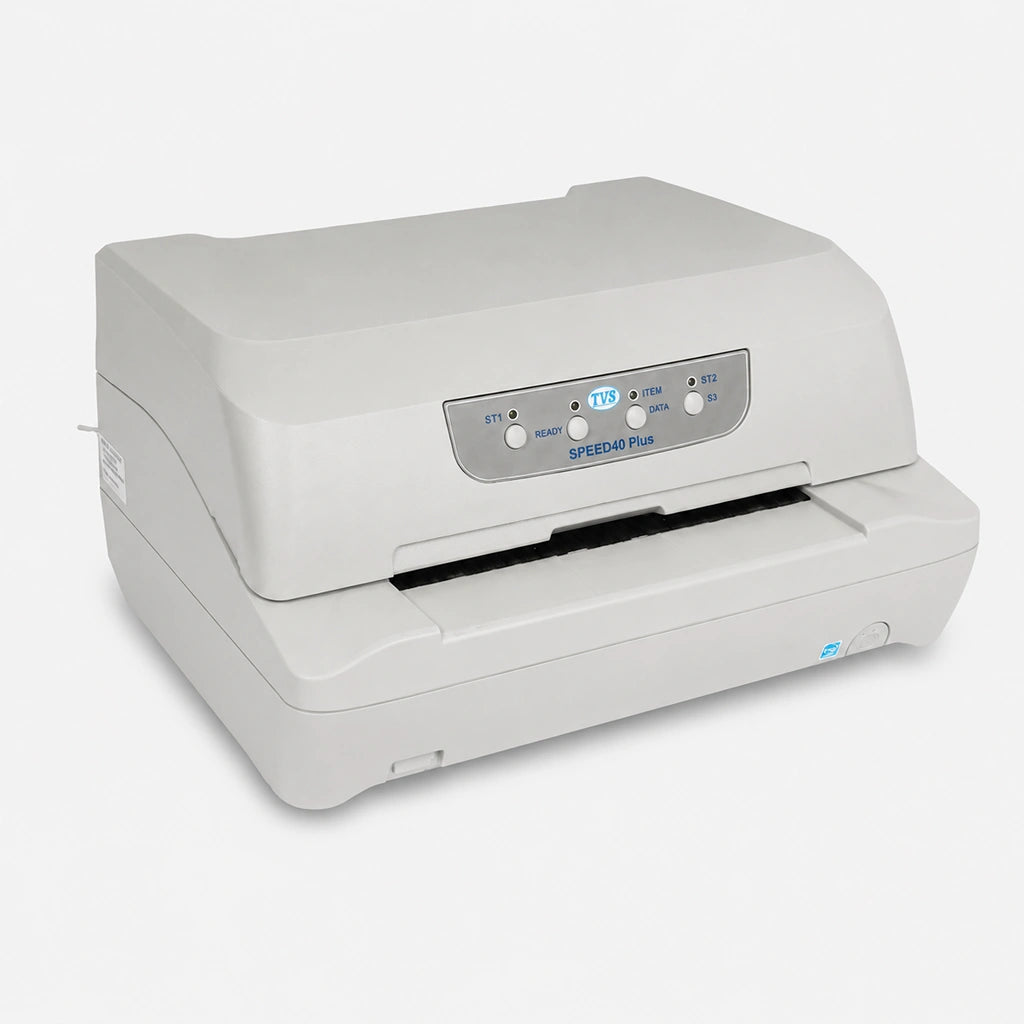TVS Electronics Speed 40 Plus K Passbook Printer SBI front left angle showing desktop passbook printer design -tpstech.in